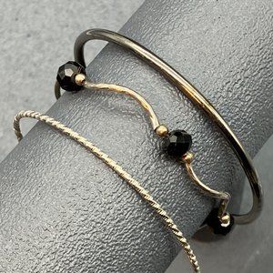 Silver Black Bracelet Lot 3 Textured Smooth Bangle Faceted Curve Link Retro BoHo